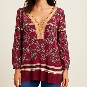 Free People Boho Floral Lace Trim Tunic Top